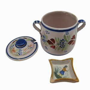 HENRIOT QUIMPER Lidded Sugar Bowl with Handles And Small Dish France Vintage